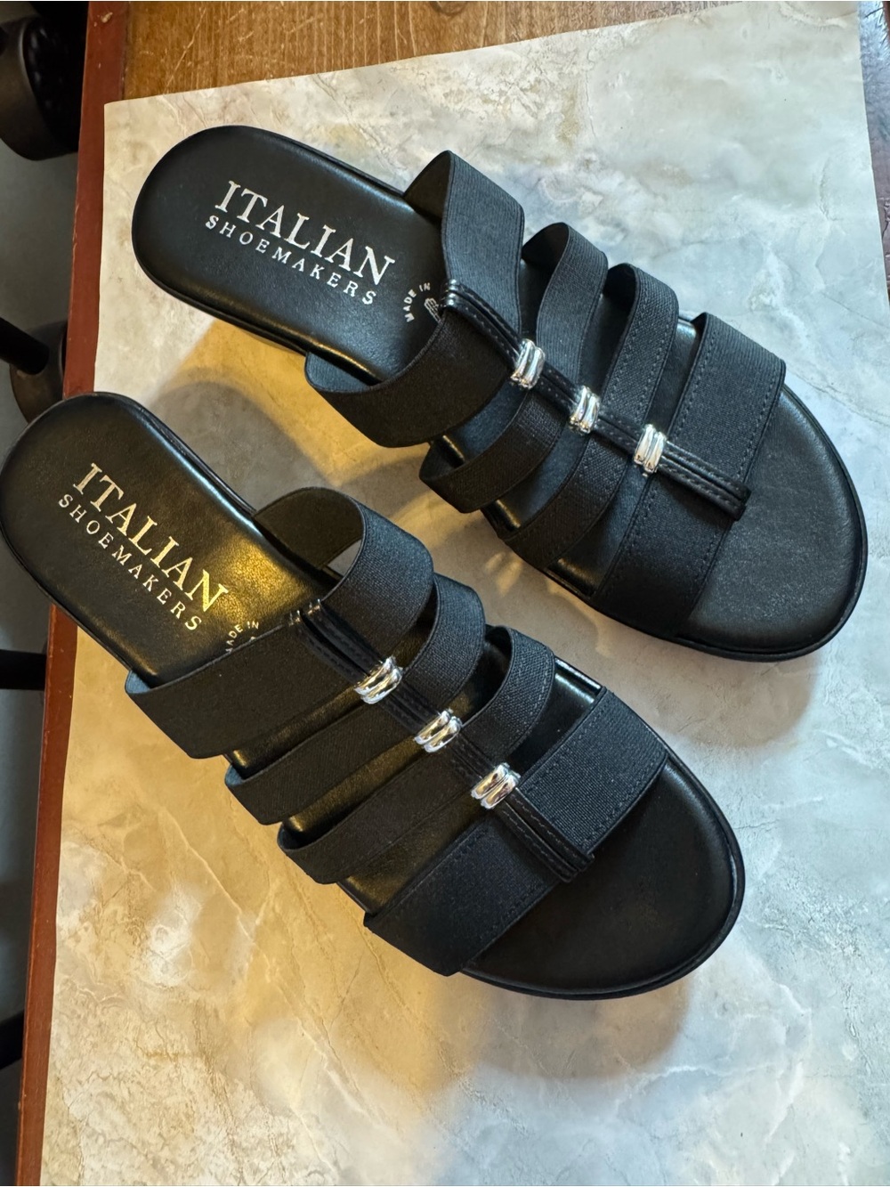 Italian Shoemakers Black Multi‑Strap Slide Sandals with Silver Accents Size 7